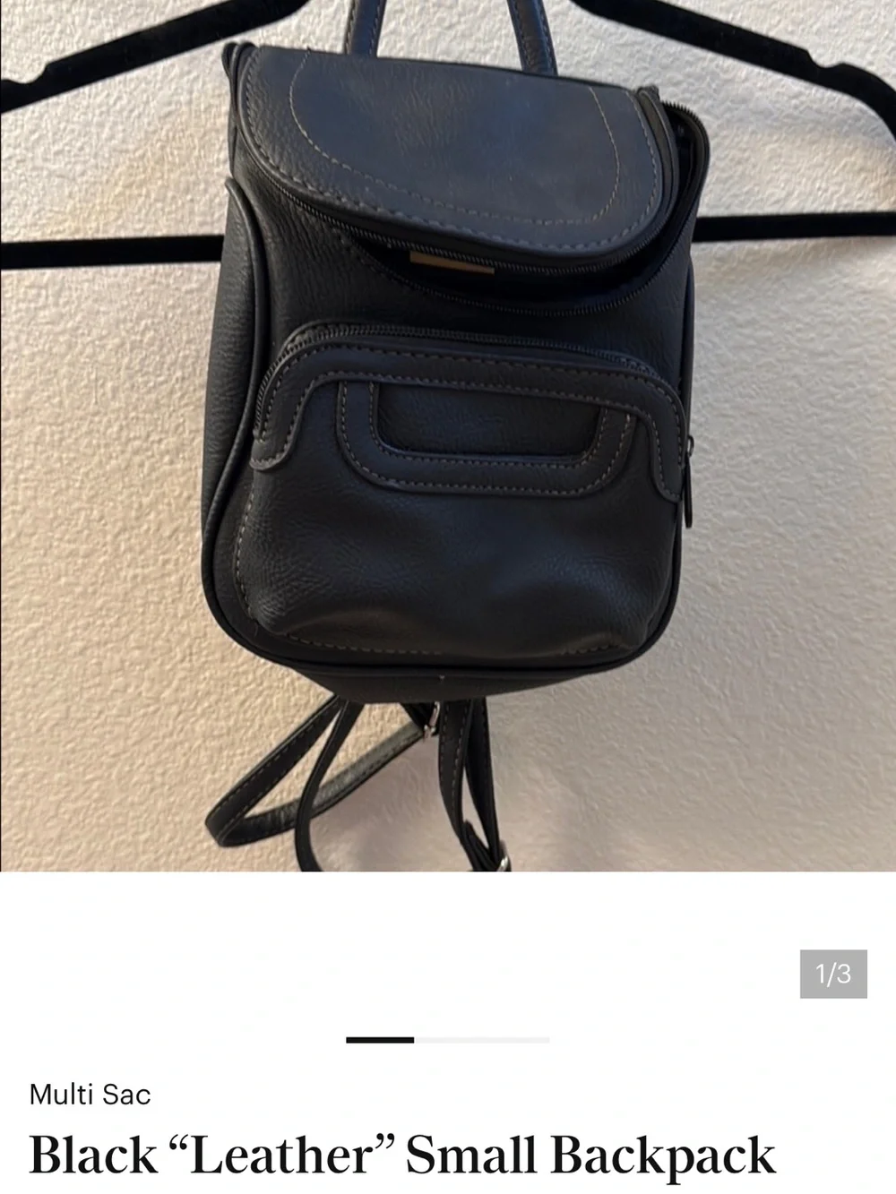 MultiSac Black Faux Leather Mini Backpack Multi Pocket Travel Bag